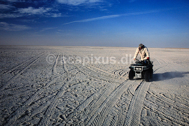 Quadbike. Quadbike k�rsel i Ntwetwe Pan i Makgadikgadi Pans, Botswana ( Scan af KOL3631 ) ; ; Makgadikgadi Pans; Botswana; Afrika; ; Turisme, safari