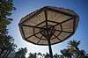 Parasol. Undersiden af sivparasol ved swimmingpool p� Lanzarote i De Kanariske �er  Lanzarote / Costa Teguise Spanien   Solbeskyttelse, skygge, ferie, rejser