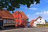 Middelfart. Gamle huse i Knorregade, Gammel Vestergade og Brogade i Middelfart. I baggrunden Henner Friisers Hus  Middelfart Danmark   