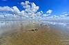 R�m�. Vadehavet ved S�nderstrand p� R�m� - himmel med skyer spejles i det lavtst�ende spejlblanke vand med sandorm p� vaden  R�m� Danmark   Himmel og hav, spejlinger, sommerferie, ferie