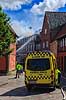 Husbrand. Brandbil og ambulancebil ved tagbrand i gammelt hus i Skolegade i Ribe  Ribe Danmark   Brand, ildebrand, brandslukning, forsikring, brandforsikring