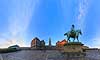 Christiansborg. 360 graders panorama af rytterstatuen af Christian den 9ende foran Christiansborg Slot  K�benhavn Danmark  sev�rdigheder slotte, arkitektur, borge, konged�mmet, monarki, panoramaer