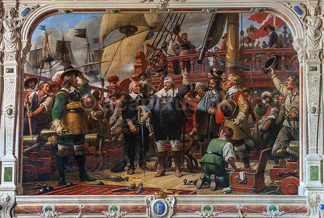 Roskilde Domkirke. Kong Christian 4 uden sit ene �je p� flagskibet Trefoldigheden under s�slaget p� Kolberger Heide i 1644 mellem en dansk og en svensk fl�de. Maleri af Wilhelm Marstrand fra 1865, det findes i Kong Christian 4 Kapel i Roskilde Domkirke (Christian IV); ; Roskilde Domkirke / Roskilde; Danmark; ; ; turistsev�rdigheder, religion, kristendom, kirker, kirke, domkirker, UNESCO World Heritage, gravkapeller, gravkapel, konger, kongehuset, fl�de, skib, skibe, 30-�rskrigen, tredive�rskrigen