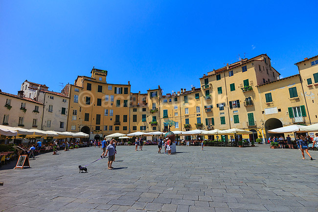 Lucca. Piazza Anfiteatro, plads bygget omkring tidligere romersk amfiteater - Anfiteatro Romano - i Lucca; ; Lucca / Toscana; Italien; ; ; Toscany, toscansk, turisme, sightseeing