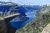 Trolltunga. Trolltunga, en klippeformation der stikker ud af klippesiden 700 meter over Ringedalvatnet n�r Hardangervidda National Park  Trolltunga / Tyssedal Norge   Vandring, vandretur, fjeldvandring, turisme, hiking