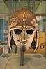 Sutton Hoo helmet. Sutton Hoo helmet p� The British Museum i London. Anglo-Saxisk hj�lm begravet ved Sutton Hoo skibsgrav ca 625 generelt associeret King R�dwald of East Anglia  The British Museum / London England  sev�rdigheder Museumer