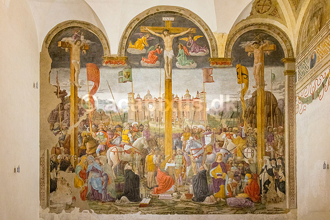 Maleriet Korsf�stelsen af Giovanni Donato da Montorfano. Maleri af Jesus korsf�stelse af maleren Giovanni Donato da Montorfano i 1495. P� v�gen overfor Leonardo da Vinci meterv�rket Den Sidste Nadver i Santa Maria delle Grazie klosteret; ; Santa Maria delle Grazie i Milano / Milano; Italien; ; Sev�rdigheder; Leonardos Last Supper Museum, Kirke, kirker, kristendom, religion, katolisme