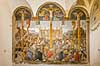 Maleriet Korsf�stelsen af Giovanni Donato da Montorfano. Maleri af Jesus korsf�stelse af maleren Giovanni Donato da Montorfano i 1495. P� v�gen overfor Leonardo da Vinci meterv�rket Den Sidste Nadver i Santa Maria delle Grazie klosteret  Santa Maria delle Grazie i Milano / Milano Italien  Sev�rdigheder Leonardos Last Supper Museum, Kirke, kirker, kristendom, religion, katolisme