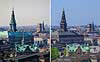 1999 vs 2024 - Christiansborg og B�rsen. Sammensat billede af KOL17288 og KOL17465 visende B�rsen med og uden spir efter branden samt Christiansborg med sit nye kobbertag. September 1999 versus Juni 2024.  Christianshavn / K�benhavn Danmark  sev�rdigheder Storby, beboelseshuse, lejligheder, etageejendomme, spir, t�rne, Stor K�benhavn