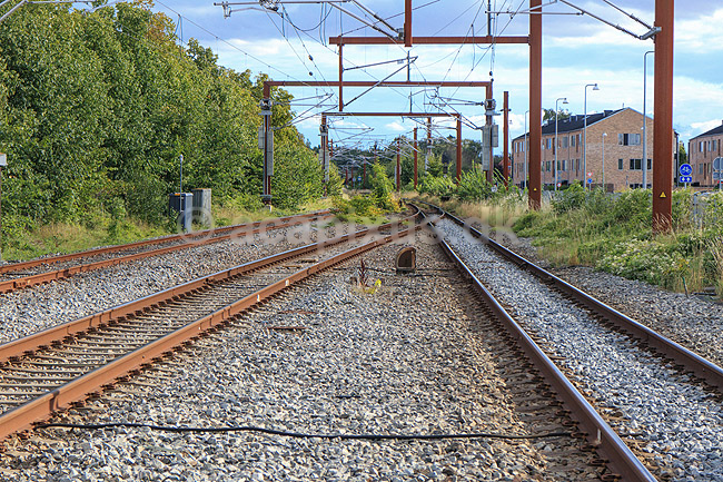 Jernbane. Banelegemer, jernbanespor, skinnelegeme n�r K�ge Station; ; K�ge; Danmark; ; ; Jernbarner, tog, togtransport, DSB