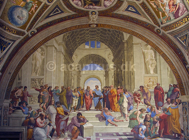 Den Athenske Skole. Refael's fresko kaldet Den Athenske Skole (The School of Athens), med Plato og Aristoteles, i Vatikanmuseet i Rom; ; Rom; Italien; Europa; ; turistsev�rdigheder, paven, paved�mmet, Vatikanet, Vatikan Staten, sightseeing, freskoer