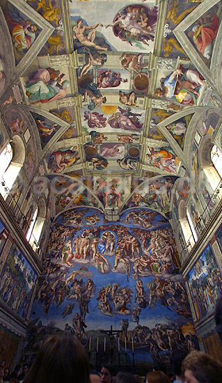 Det Sixtinske Kapel. Capella Sistina (Det Sixtinske Kapel) med freskoer af Michelangelo i Vatikanmuseet i Rom; ; Rom; Italien; Europa; ; turistsev�rdigheder, paven, paved�mmet, Vatikanet, Vatikan Staten, sightseeing, freskoer